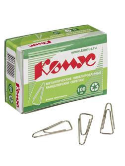 Скрепки КОМУС с отгибом,никелированные,25 мм,треугольные,100 шт/уп