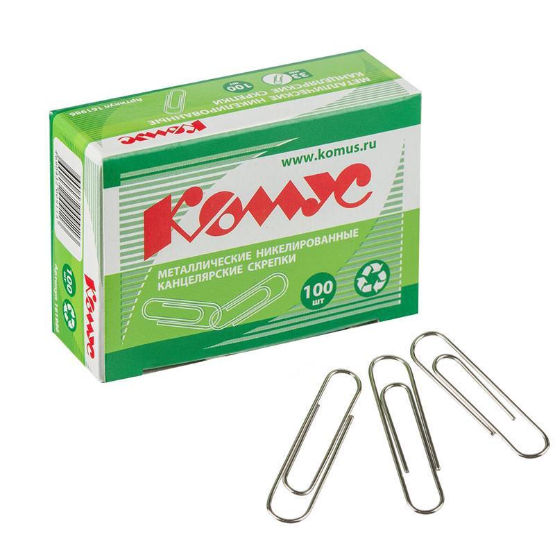 Скрепки КОМУС никелированные, 33 мм, негофрированные, 100 шт/уп