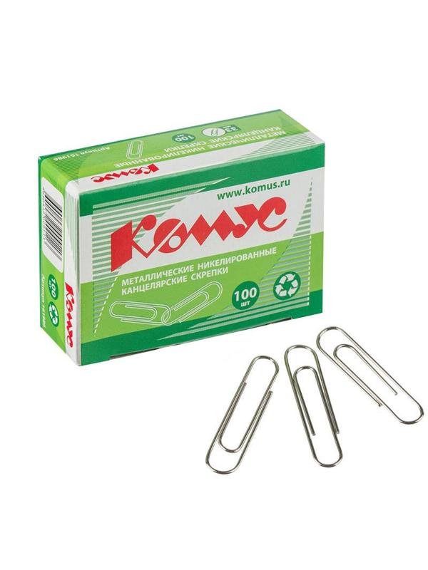 Скрепки КОМУС никелированные, 33 мм, негофрированные, 100 шт/уп