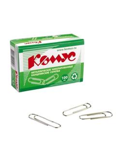 Скрепки КОМУС никелированные, 28 мм, негофрированные, 100 шт/уп