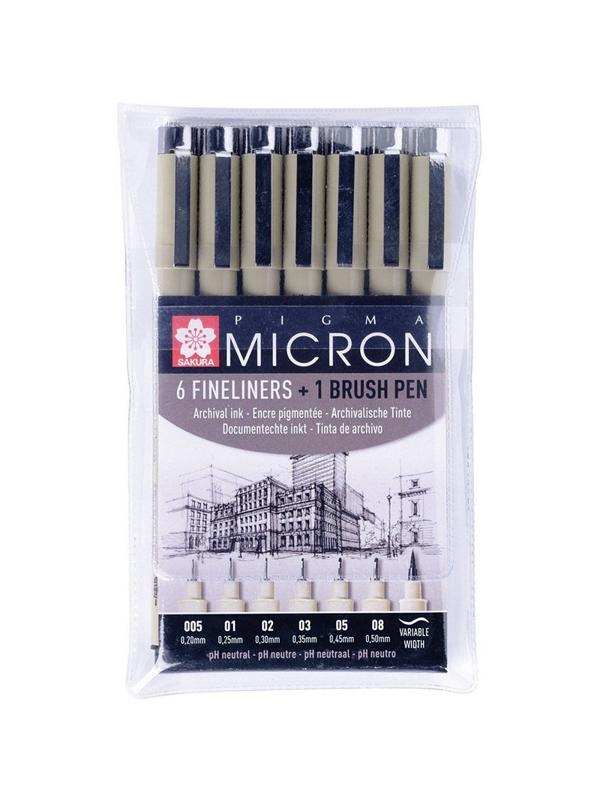 Набор капиллярных ручек Sakura Pigma Micron 6 + brush, POXSDK7B