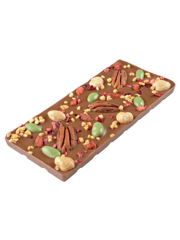 Шоколад молочный с украшением пекан, вишня, фундук