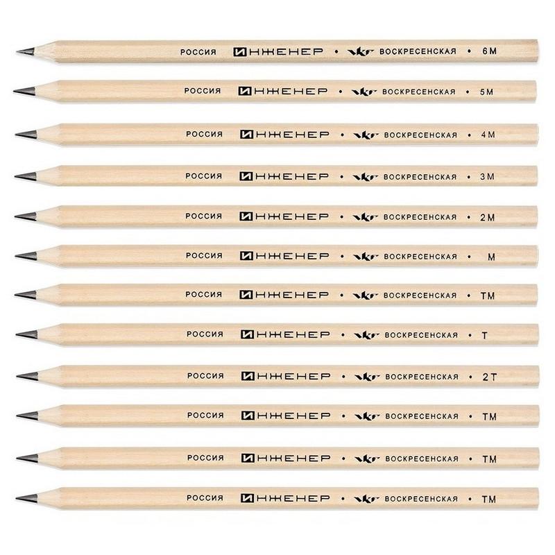 Набор карандашей чернографит. ИНЖЕНЕР, 12 шт,2Н-6В, 6-гран.,177мм,12B-1240