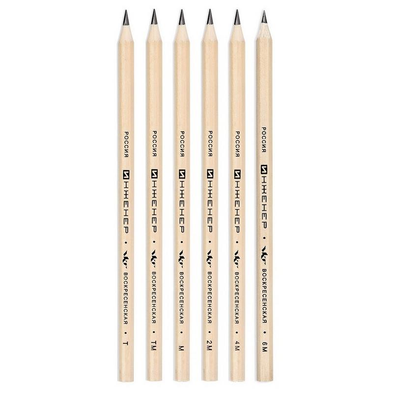 Набор карандашей чернографит. ИНЖЕНЕР, 6 шт, Н-6В, 6-гран., 177мм, 6B-1240