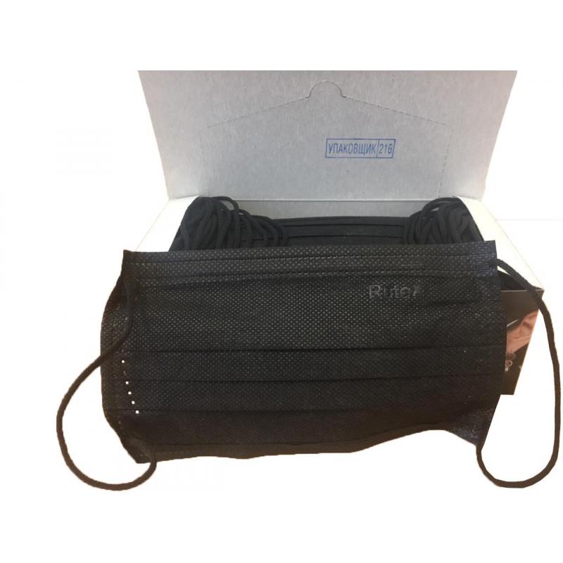 Маска медицинская 3-х сл.,резинка,черная Классик картон 50шт/уп