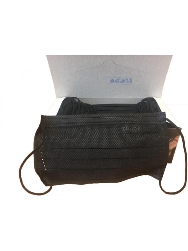 Маска медицинская 3-х сл.,резинка,черная Классик картон 50шт/уп