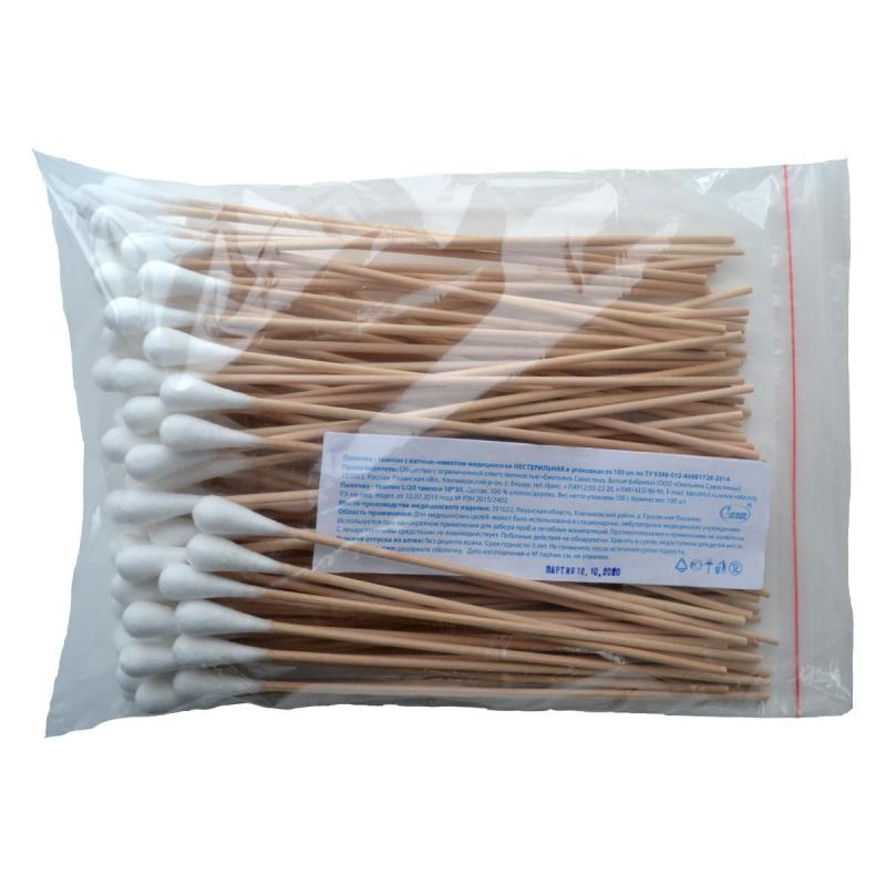 Зонд тампон (палочка) нестер. дерево/хлопок 20см(L) Россия 100шт/уп.