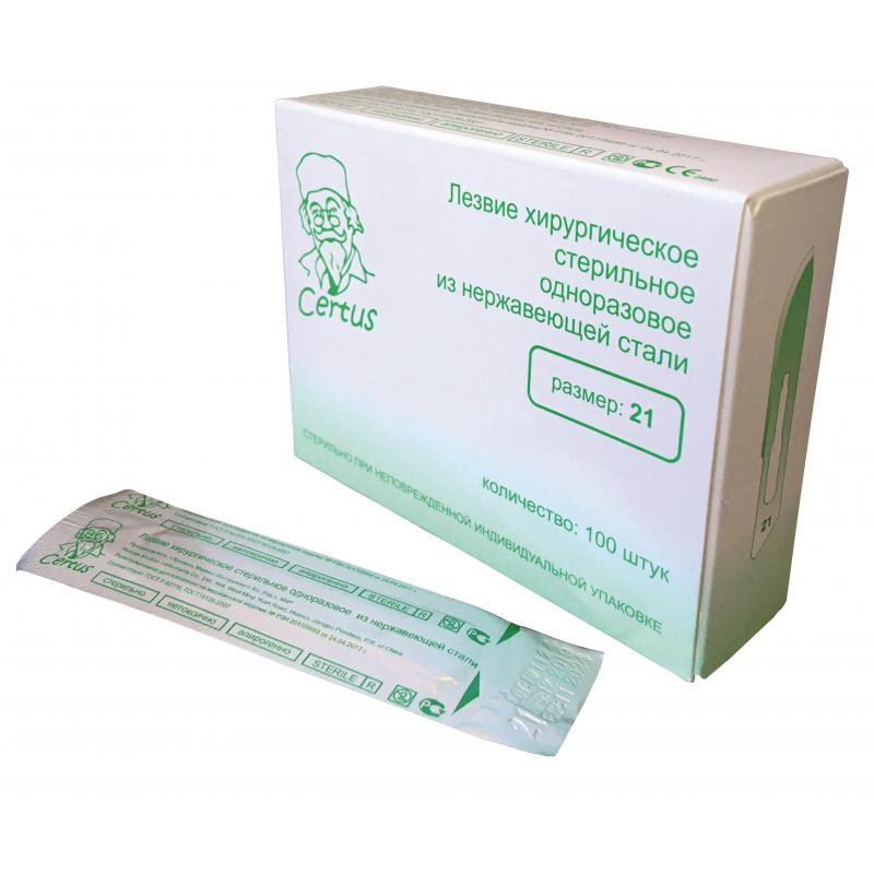 Лезвие для скальпеля стер.из нерж.стали р-21 CERTUS 100шт/уп