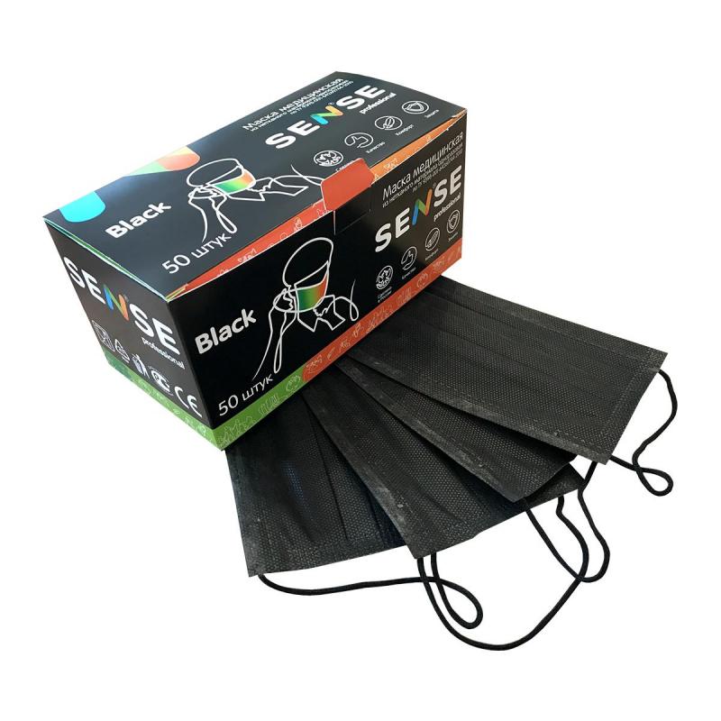 Маска медицинская 3-х сл, резинка, черная, Sense, картон 50шт/уп