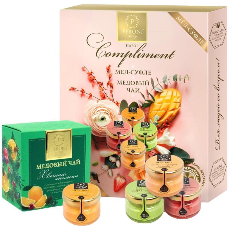 Набор меда и чая Compliment 4х30мл+чай Хвойный апельсин 35г 606124