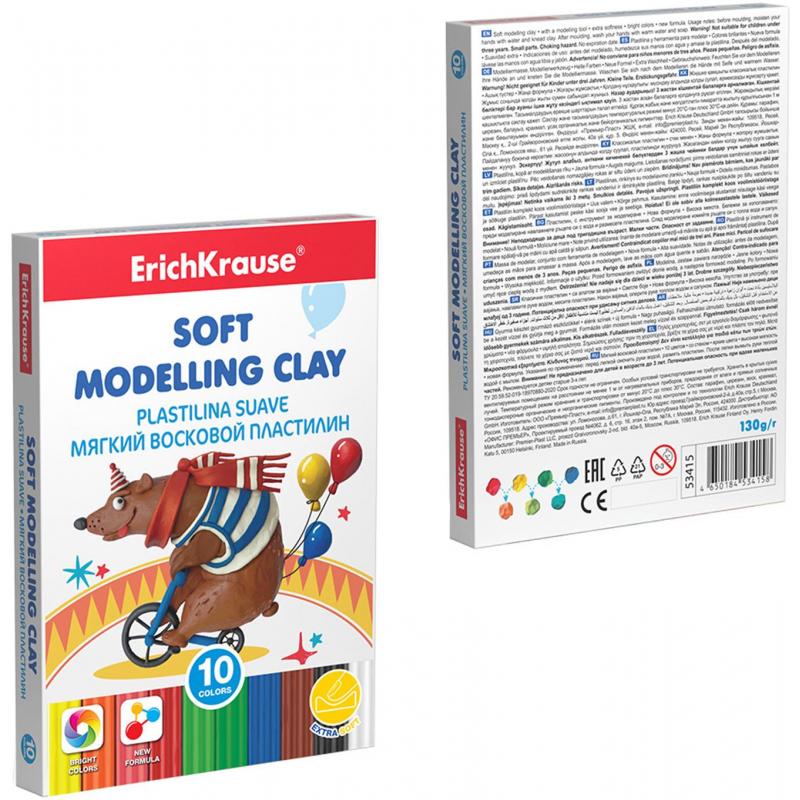 Пластилин мягкий восковойErichKrause 10 цв. со стеком, 130г, 53415