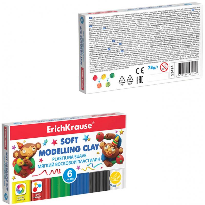 Пластилин мягкий восковой ErichKrause 6 цв.со стеком, 78г,  53414