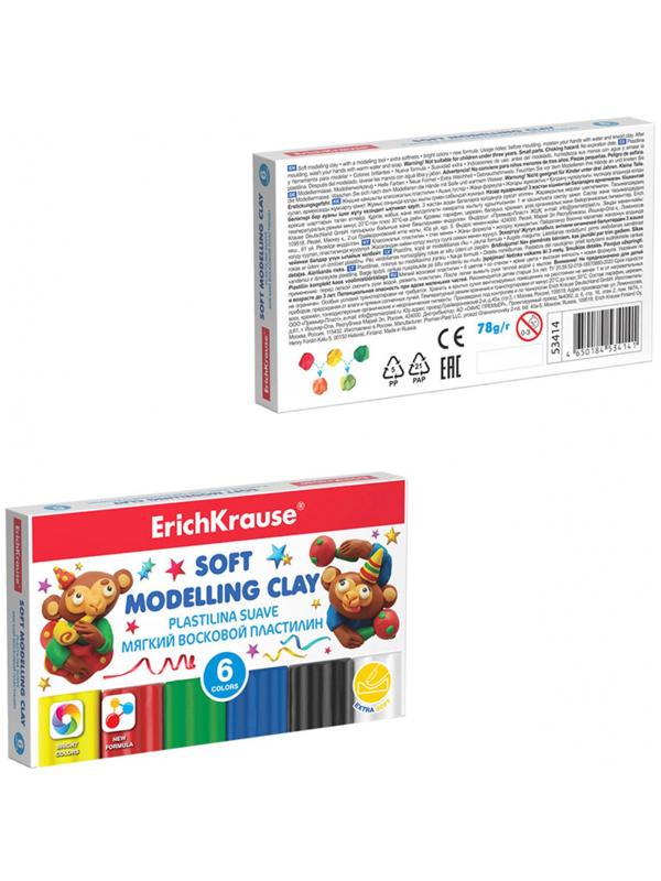Пластилин мягкий восковой ErichKrause 6 цв.со стеком, 78г,  53414