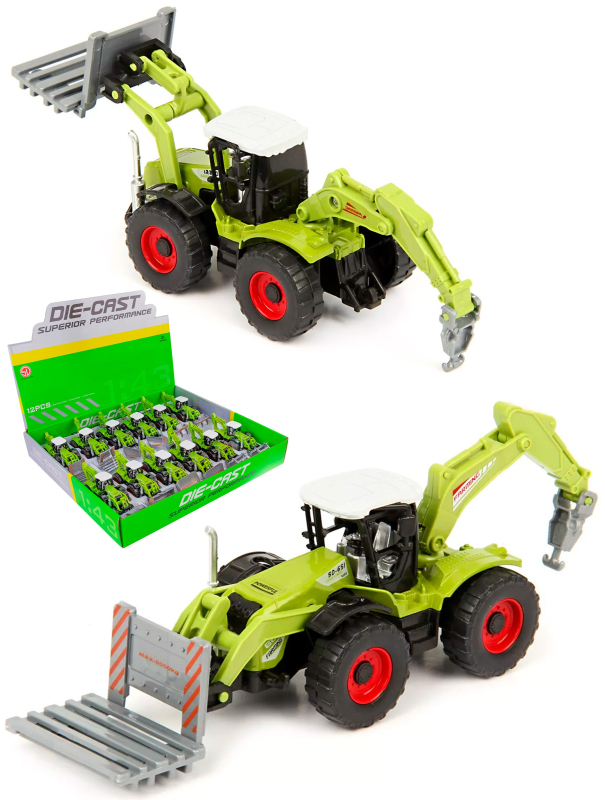 Металлический трактор Die Cast 1:43 «Экскаватор с платформой», А155А1, инерционная / Зеленый