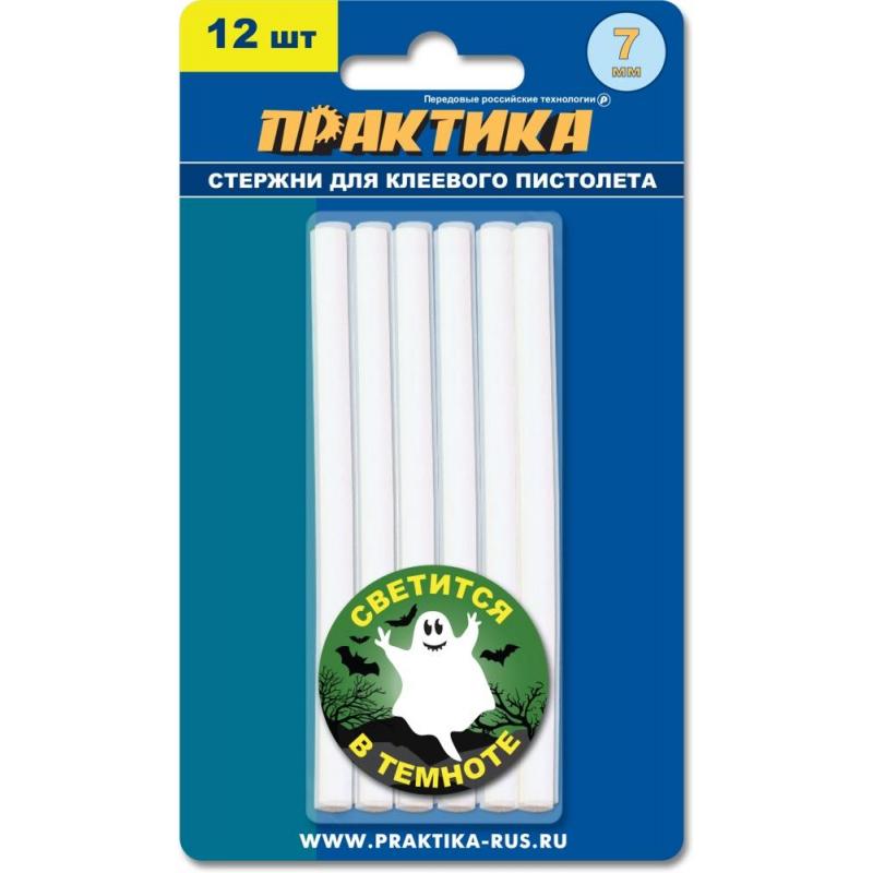 Стержень клеевой ПРАКТИКА d7х100мм, белый светящиеся, 12шт. (790-250)