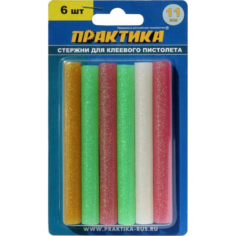 Стержень клеевой ПРАКТИКА d11х100мм цветной с блестками, 6шт. (790-229)