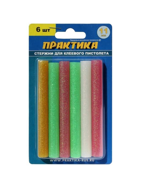 Стержень клеевой ПРАКТИКА d11х100мм цветной с блестками, 6шт. (790-229)