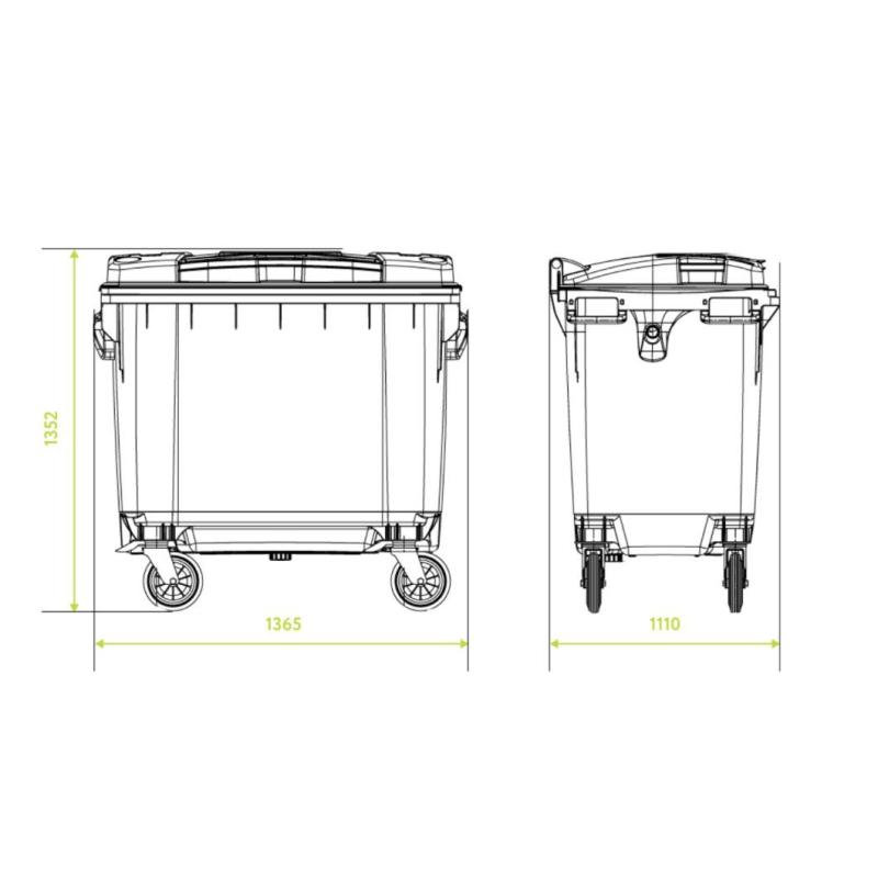Контейнер-бак мусорный 1100л на 4-х колесах с крышкой, зеленый