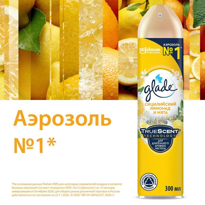 Освежитель воздуха Glade Аэрозоль Сицилийский лимонад и мята, 300 мл
