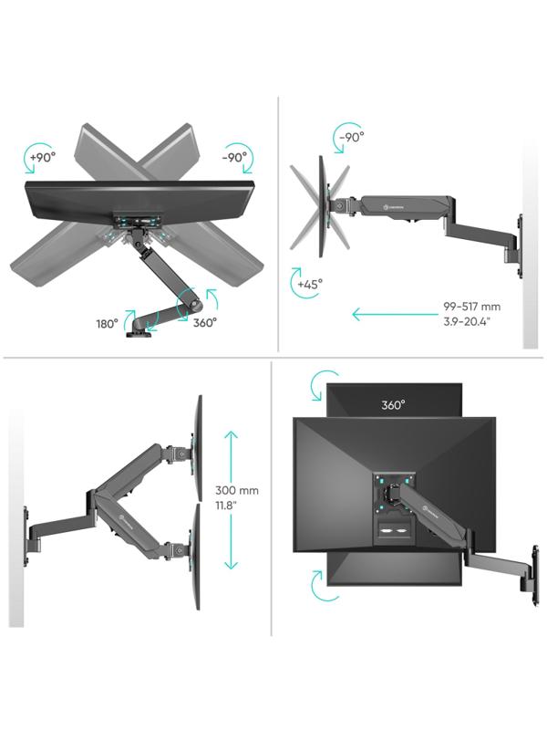 Кронштейн Onkron G150, TV 13-34, газлифт, настенный, наклонно-поворотн, чер