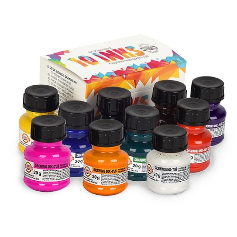 Тушь акриловая плакатная KOH-I-NOOR флакон 20г х 10цв/наб,карт 01417S1001KK