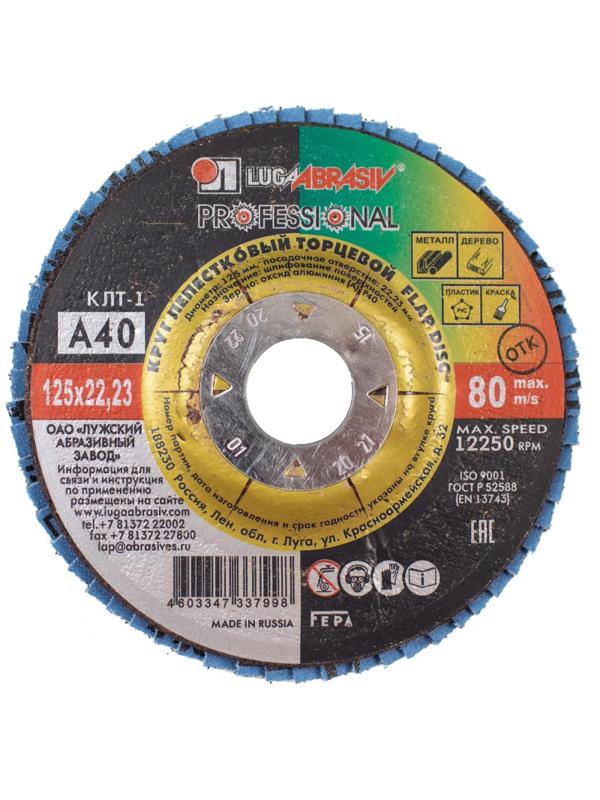 Круг лепестковый торцевой ЛУГА d125х22.2мм, Р40, КЛТ1,10шт/упак. (2187)