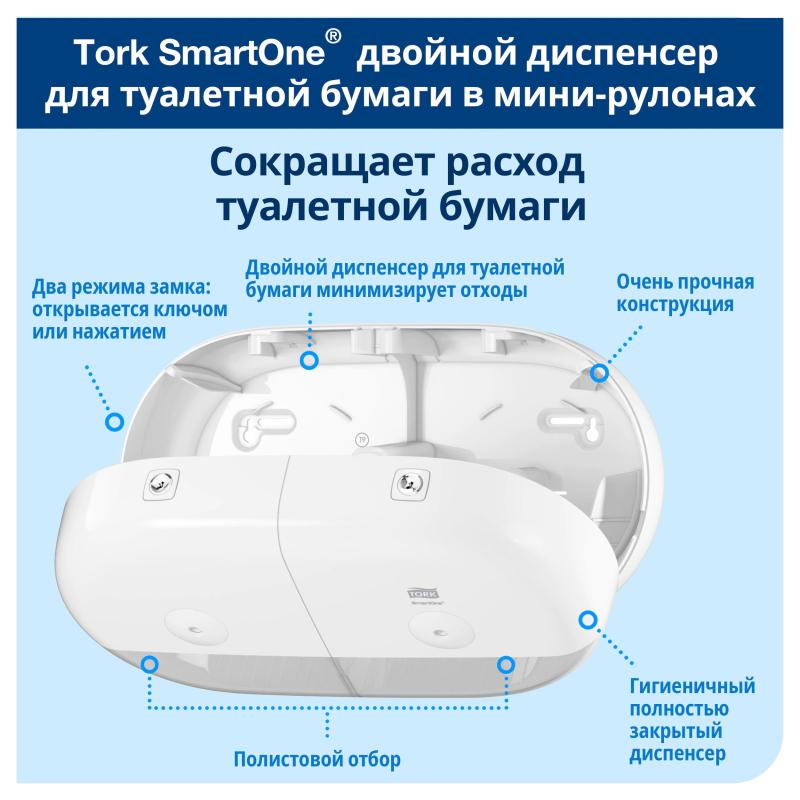 Диспенсер для туалетной бумаги Tork SmartOne T9 двойной, мини,белый 682000