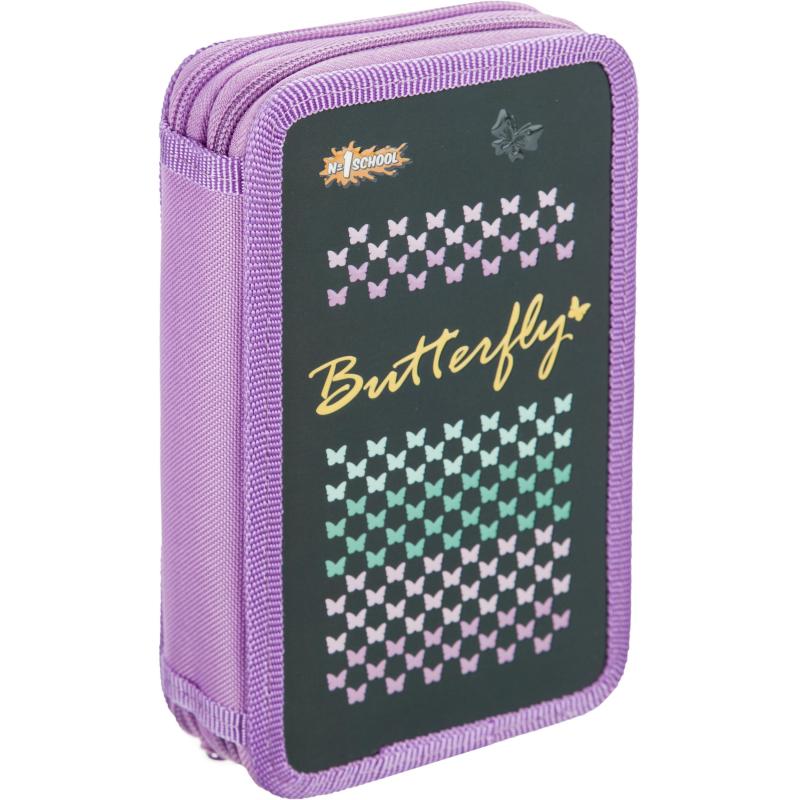 Пенал №1School Butterfly 2 отд.,  выборочный лак, 190x110 мм, ПКК 11