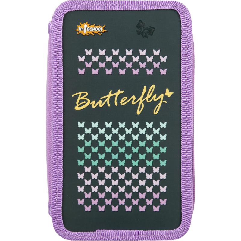 Пенал №1School Butterfly 2 отд.,  выборочный лак, 190x110 мм, ПКК 11