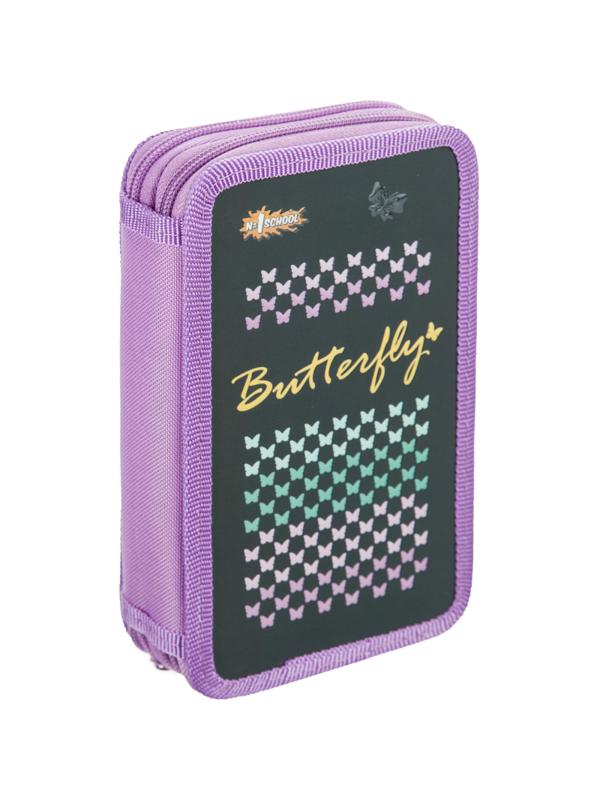 Пенал №1School Butterfly 2 отд.,  выборочный лак, 190x110 мм, ПКК 11