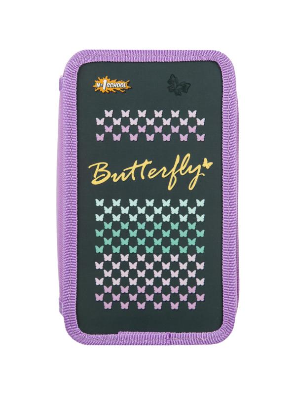 Пенал №1School Butterfly 2 отд.,  выборочный лак, 190x110 мм, ПКК 11