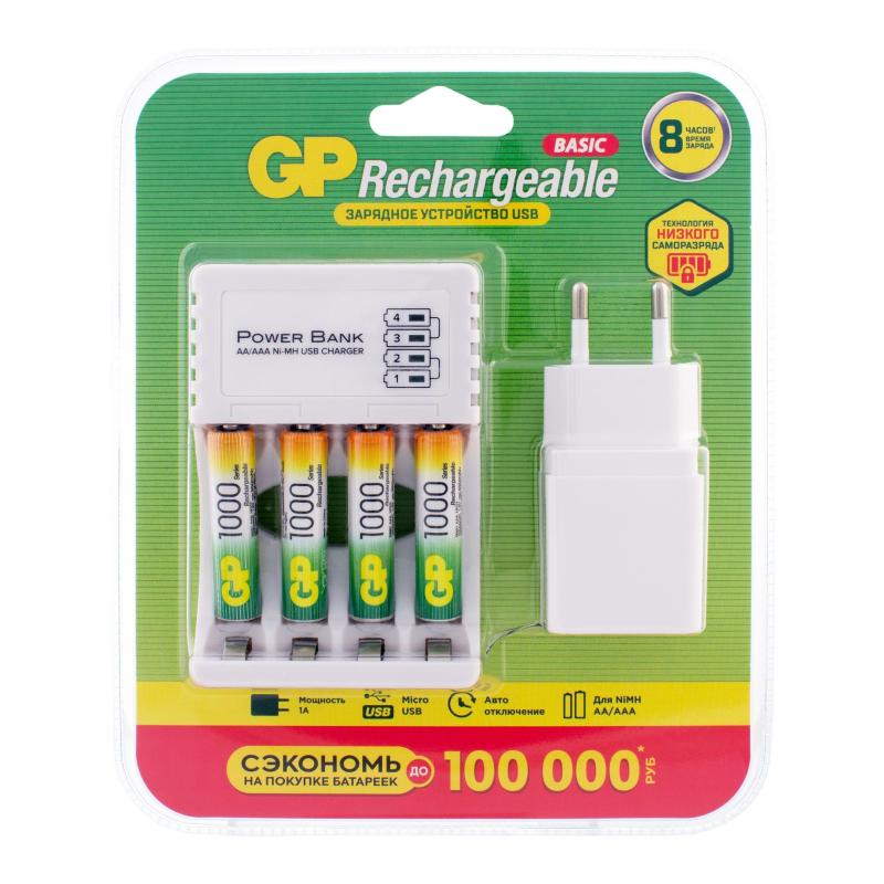 Зарядное устройство GP 100AAAHC/CPBA-2CR4, 4 слота + 4 акк.   1000mAh