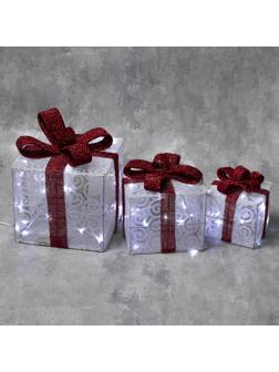 Фигура светодиодная Подарки с красной лентой 15,20,25см, 8 реж, бел 2315221