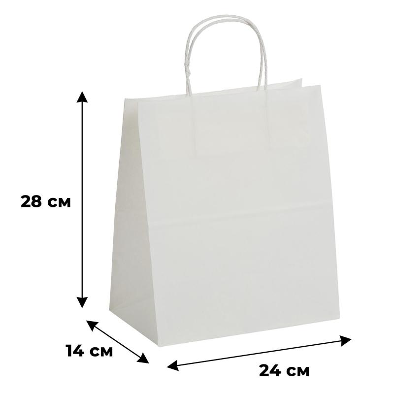 Пакет бумажный 240х140х280 мм, 80гр, с кручеными ручками, белый, 250шт/уп