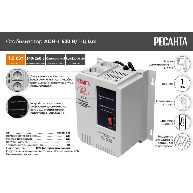 Стабилизатор РЕСАНТА настенный Lux АСН-1500Н/1-Ц (63/6/20)