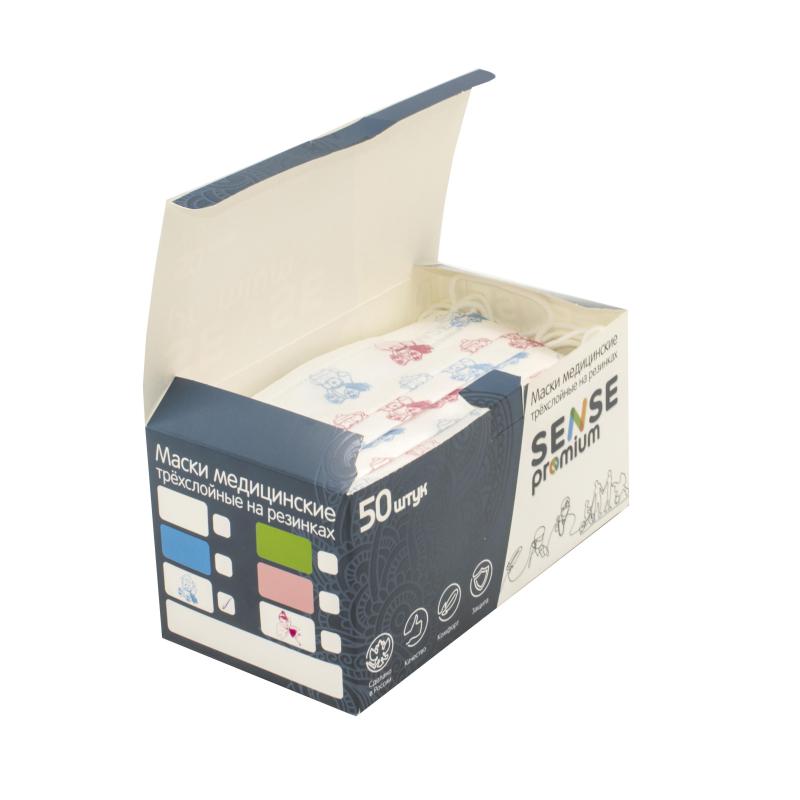 Маска медицинская 3-х сл., Sense, детская, МИШКИ, картон 50шт/уп