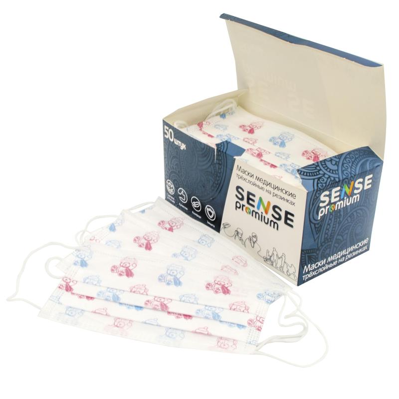 Маска медицинская 3-х сл., Sense, детская, МИШКИ, картон 50шт/уп
