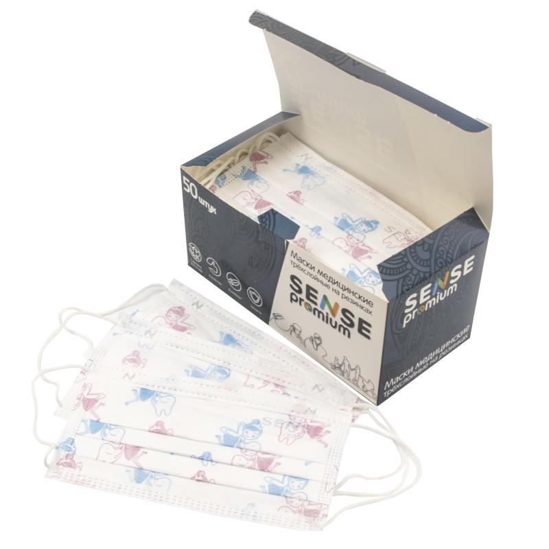 Маска медицинская 3-х сл., Sense, детская, ФЕИ, картон 50шт/уп