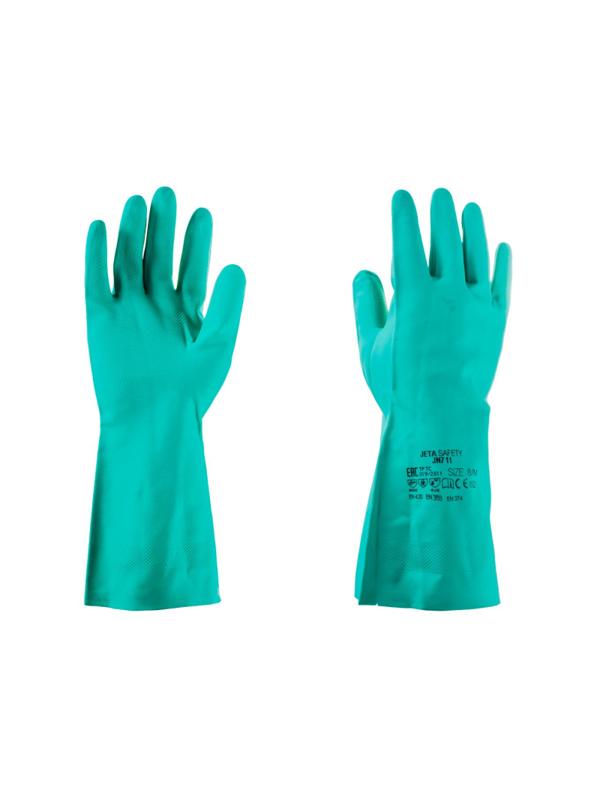 Перчатки нитриловые с хлопковым напылением JetaSafety JN711 цв.зеленый р.M