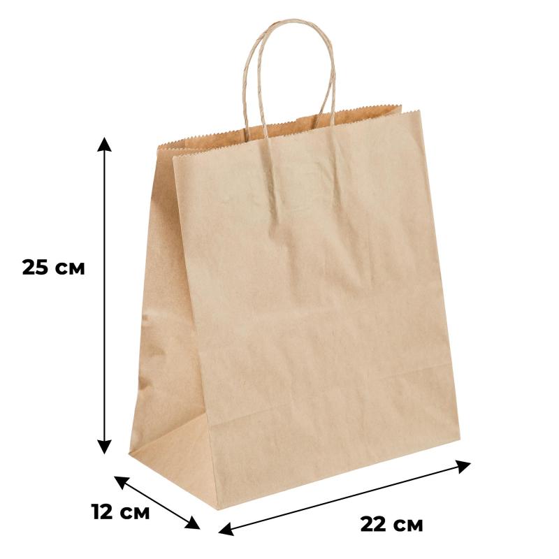 Пакет бумажный 220х120х250 мм с кручеными ручками, крафт 70 гр, 250 шт/уп
