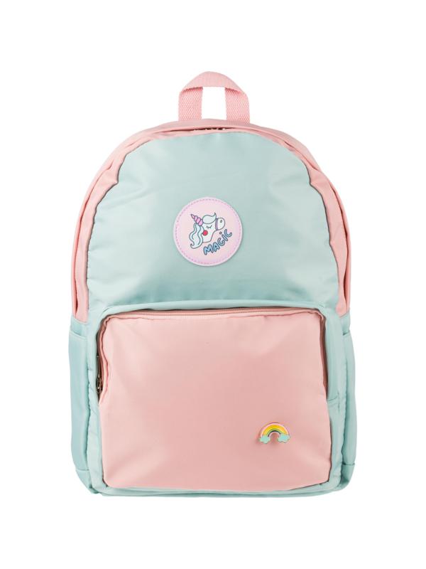 Рюкзак №1School голубой с розовым эмблема  Единорог