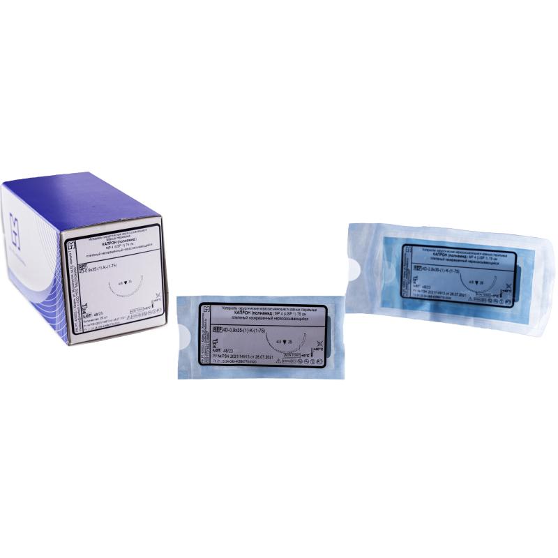 Шовный материал КАПРОН 1 МР 4 с иглой 4D-0,9x35-(1)-K-(1-75), 75см 20шт/у