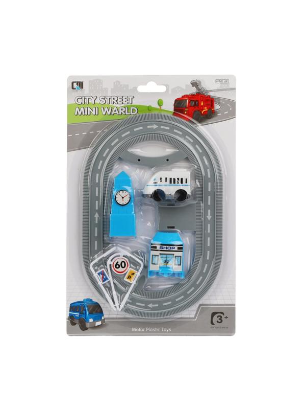 Заводная машинка на треке, аксессуары 5 шт, в ассорт., блистер