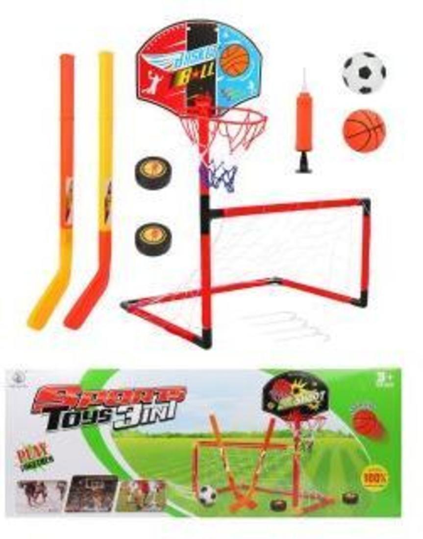 ДЕФЕКТ УПАКОВКИ Набор 3 в 1 Футбол+Баскетбол+Хоккей, ворота, щит с
баскет.кольцом, 2 мяча, 2 шайбы, 2 клюшки, насос