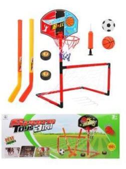 ДЕФЕКТ УПАКОВКИ Набор 3 в 1 Футбол+Баскетбол+Хоккей, ворота, щит с
баскет.кольцом, 2 мяча, 2 шайбы, 2 клюшки, насос