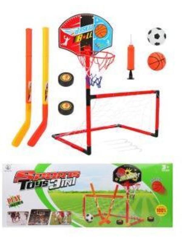 ДЕФЕКТ УПАКОВКИ Набор 3 в 1 Футбол+Баскетбол+Хоккей, ворота, щит с
баскет.кольцом, 2 мяча, 2 шайбы, 2 клюшки, насос