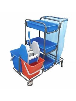 Тележка унив. 95.161 94х57 см 2 ведра 18л, мех.отж, 3 лотка, держ для швабр