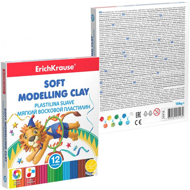 Пластилин мягкий восковой ErichKrause 12 цв.со стеком, 156г, 53416