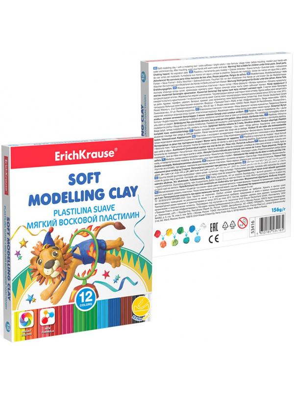 Пластилин мягкий восковой ErichKrause 12 цв.со стеком, 156г, 53416