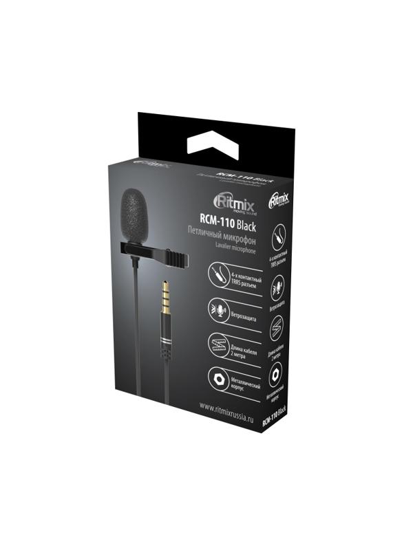 Микрофон RITMIX RCM-110 Black, петличный, всенапр, кабель 2м, Jack 3.5